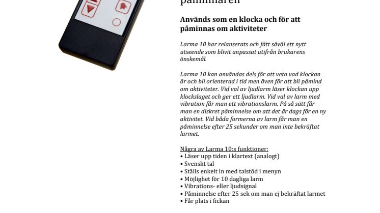 Iris Hjälpmedel lanserar:   Larma 10 - den vibrerande påminnaren
