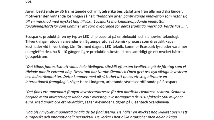 Varde ljus! Svenska Ecospark vinnare i Nordic Cleantech Open 2011.