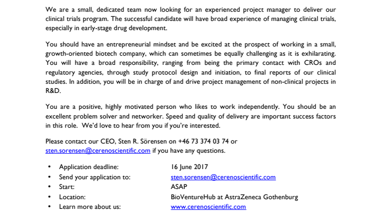 Job opportunity: Cereno Scientific is looking for a Director R&D, Clinical Studies & Project Management 