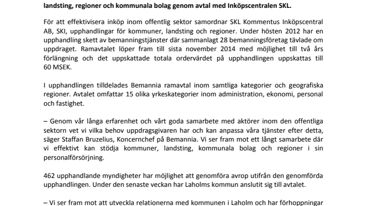 Laholms kommun ansluter sig till Bemannias avtal om personaluthyrning