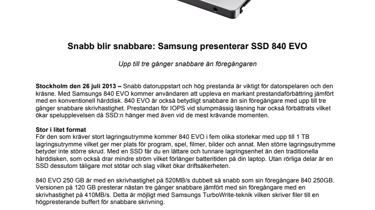 Snabb blir snabbare: Samsung presenterar SSD 840 EVO