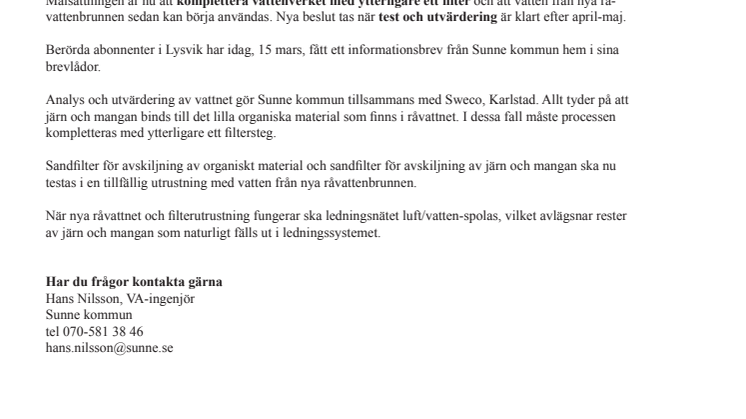 Råvattenbrunnen i Lysvik utreds vidare