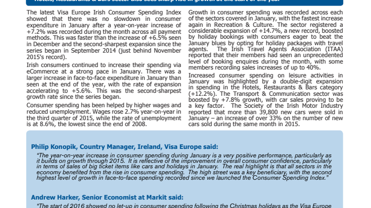 Growth of Irish consumer spending quickens at start of 2016