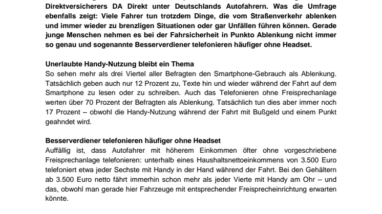 Repräsentative Umfrage: Autofahrer sehen sich durch Ablenkung zunehmend gefährdet