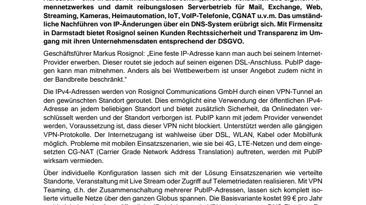 PubIP von Rosignol Communications bietet feste IPv4-Adresse an gewünschten Standort geroutet