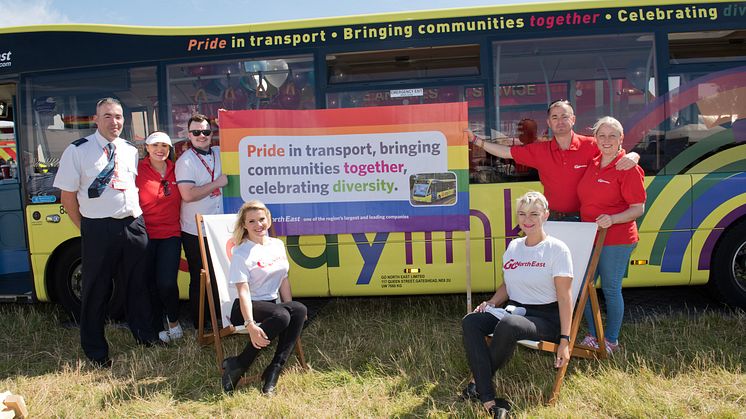 The Go North East team flies its celebrating diversity banner at Northern Pride