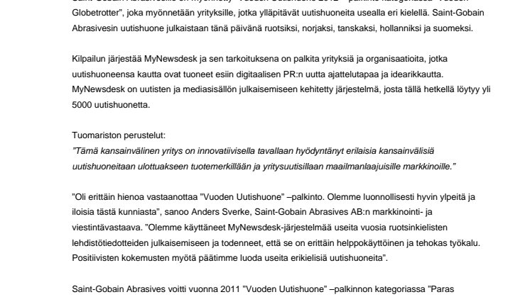 Saint-Gobain Abrasives – Vuoden Uutishuone 2012