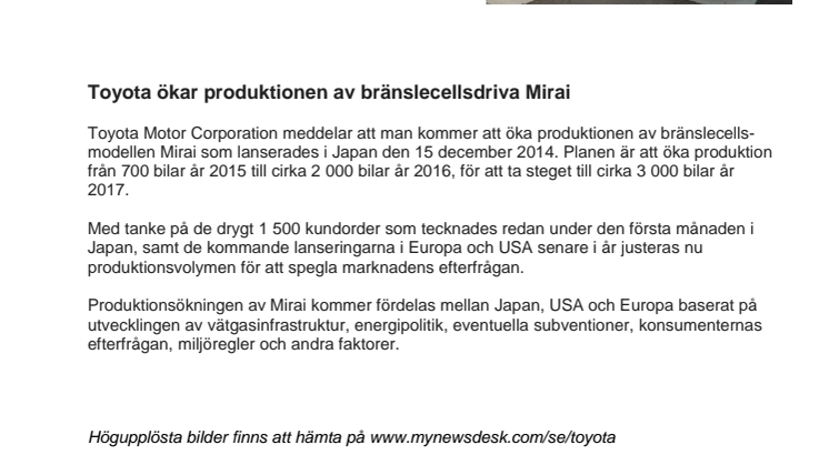 Toyota ökar produktionen av bränslecellsdriva Mirai