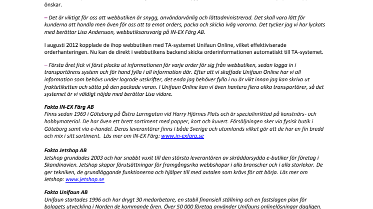 IN-EX Färg AB utökar sin försäljning via e-handel med hjälp av Jetshop och Unifaun