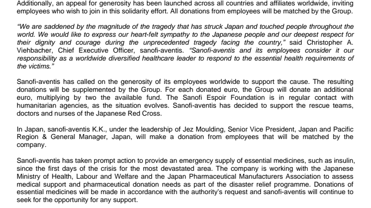 Sanofi-aventis and its employees Donate to Tohoku Pacific Earthquake Relief Fund