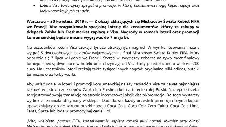 Visa świętuje Mistrzostwa Świata Kobiet FIFA we Francji loterią i promocją konsumencką w sklepach Żabka i Freshmarket w całej Polsce