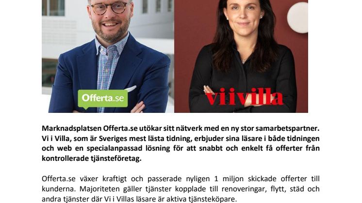 Offerta.se lanserar ny tjänst med Vi i Villa