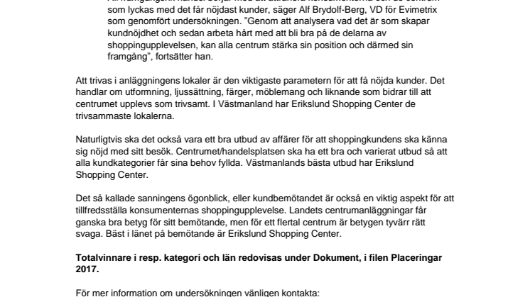 Erikslund Shopping Center har Västmanlands nöjdaste shoppingkunder