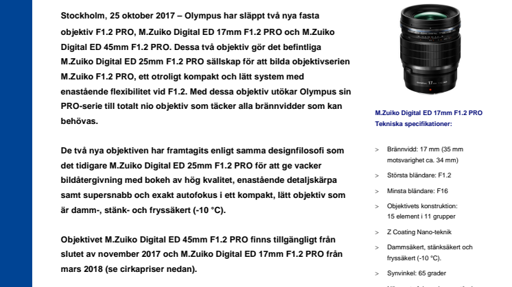 Olympus etablerar fastobjektivserien M.Zuiko F1.2 PRO med två nya produkter