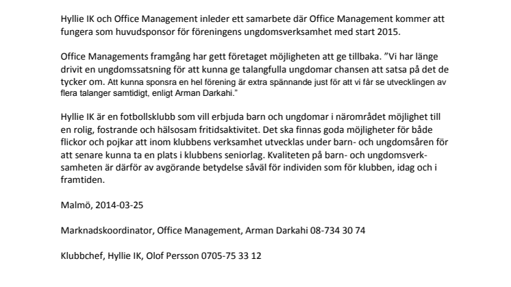 Hyllie IK och Office Management inleder samarbete kring föreningens ungdomsverksamhet!