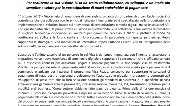 Visa annuncia la partnership con Reply  per l’integrazione delle soluzioni API-based 