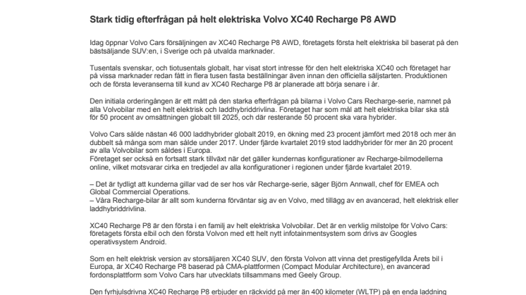 Stark tidig efterfrågan på helt elektriska Volvo XC40 Recharge P8 AWD