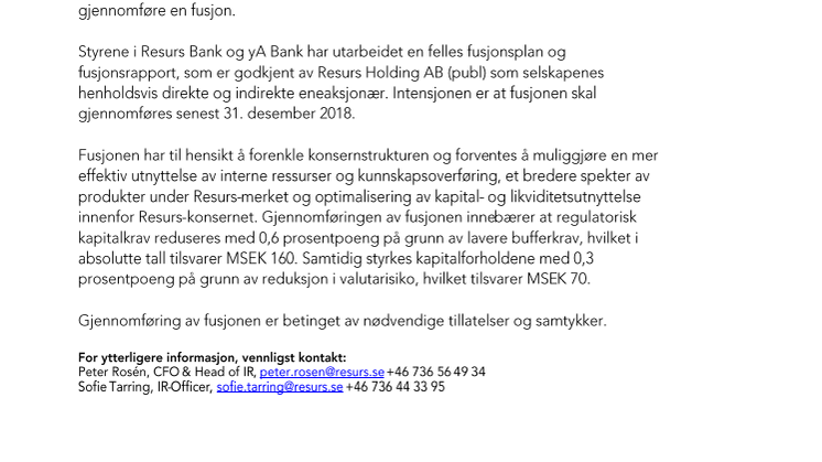 Resurs Bank og yA Bank AS slås sammen gjennom en konsernintern fusjon