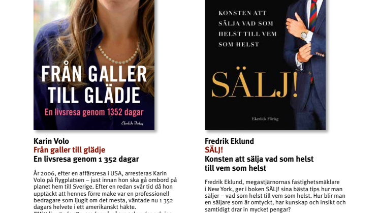 Fredrik Eklund och gripande bok om Karin Volos knappt fyra år i häkte bland vårens utgivning på Ekerlids Förlag