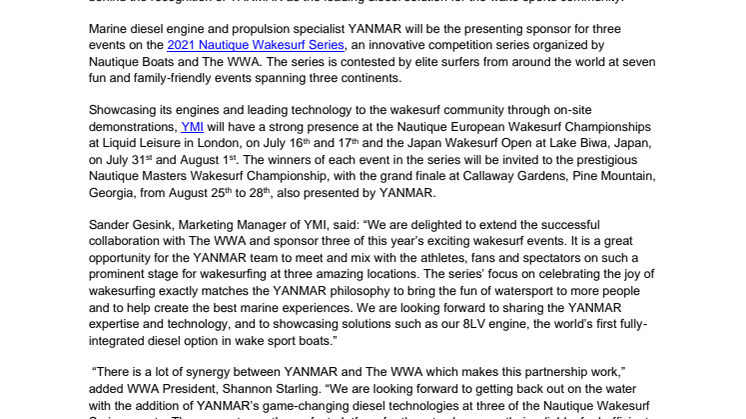 YANMAR Strengthens Links with Watersports Community with 2021 Wakesurf Event Sponsorship