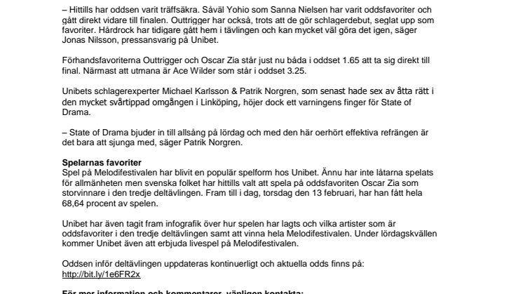 Melodifestivalen 2014, deltävling 3: Outtrigger och Oscar Zia vidare till final
