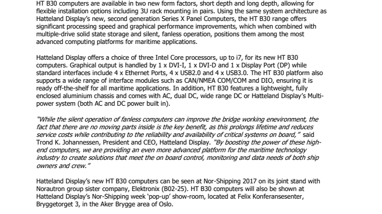 Hatteland Display Boosts Power of Solid State Fanless Computer Range (Hatteland Display Nor-Shipping Press Kit 1 of 2)