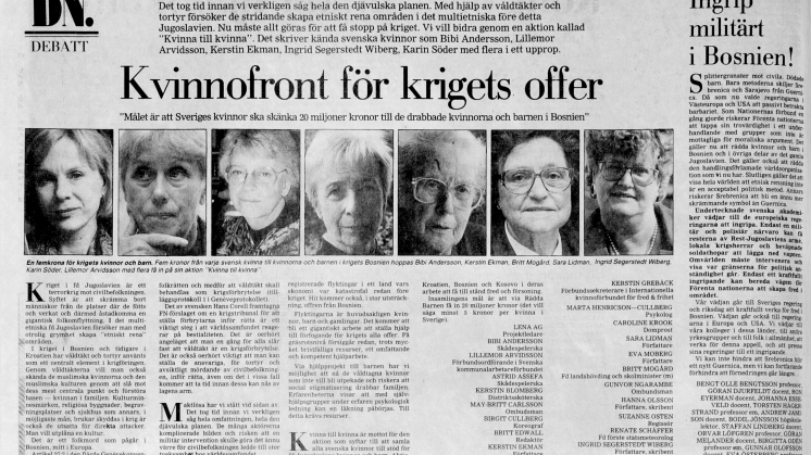 "Kvinnofront för krigets offer" DN Debatt 18 april 1993