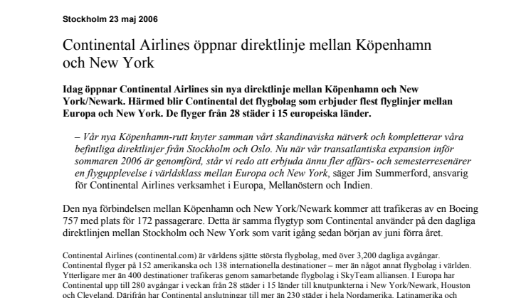 Continental Airlines öppnar direktlinje mellan Köpenhamn och New York