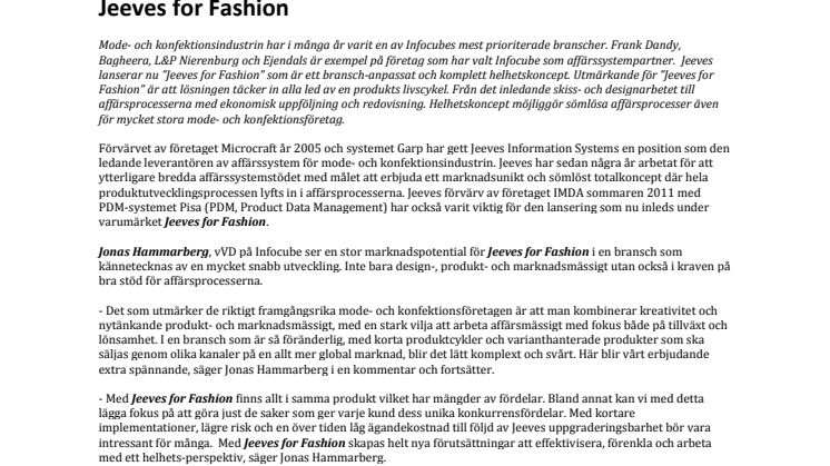 Infocube satsar på mode- och konfektionsindustrin med Jeeves for Fashion