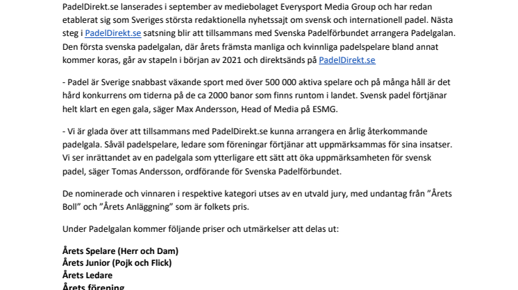 PadelDirekt.se och Svenska Padelförbundet arrangerar årlig padelgala
