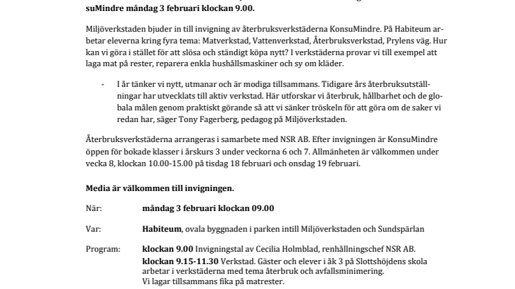 Pressinbjudan: Tredjeklassare inviger återbruksverkstaden KonsuMindre