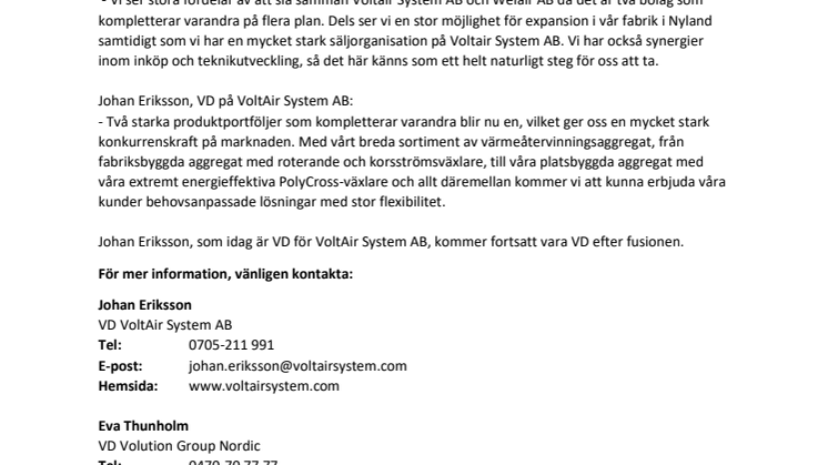 Fusion mellan VoltAir System AB och Welair AB