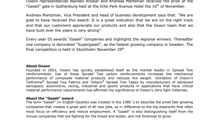 Oxeon wins business award DI Gasell