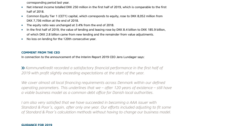 KommuneKredit announces Interim Report 2019