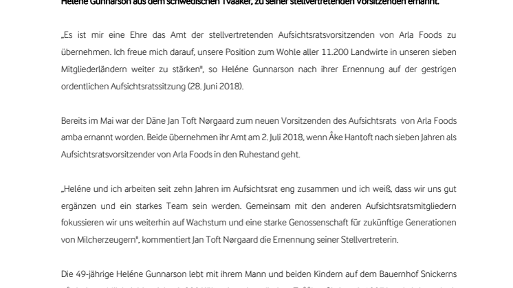 Heléne Gunnarson neue stellvertretende Aufsichtsratsvorsitzende von Arla Foods 