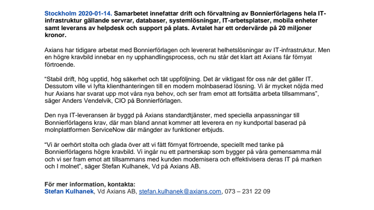  AXIANS TECKNAR NYTT AVTAL MED BONNIERFÖRLAGEN