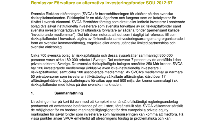 Remissyttrande Fi2012/3572 Förvaltare av alternativa investeringsfonder SOU 2012:67