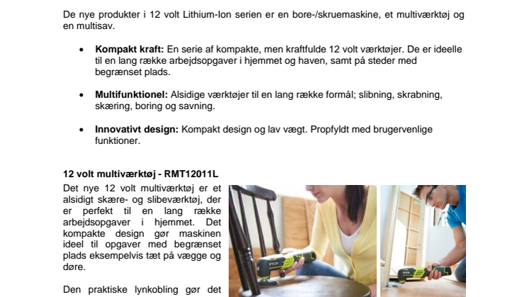 Ny kompakt Lithium-Ion 12 volt serie fra RYOBI®