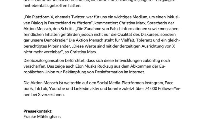 Die Aktion Mensch stellt ihre Aktivitäten auf der Plattform X ein