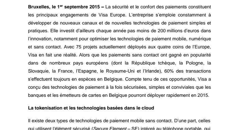 Plus de paiements mobiles, numériques et sans contact en Belgique en 2015 grâce aux technologies de paiement sécurisées de Visa