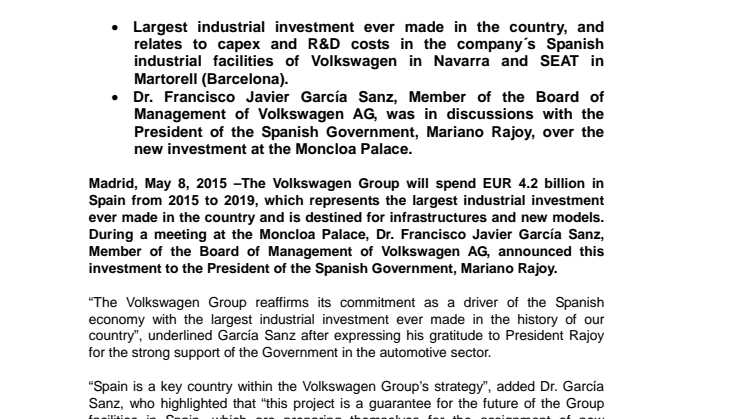 VW Group Investment in Spain