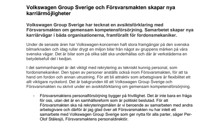 Volkswagen Group Sverige och Försvarsmakten skapar nya karriärmöjligheter