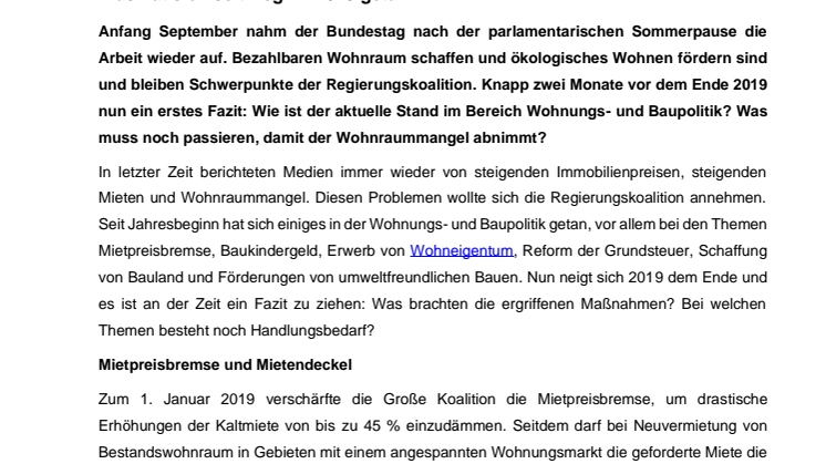 Der aktuelle Stand im Bereich Wohnungs - und Baupolitik - Was hat sich seit Beginn 2019 getan?