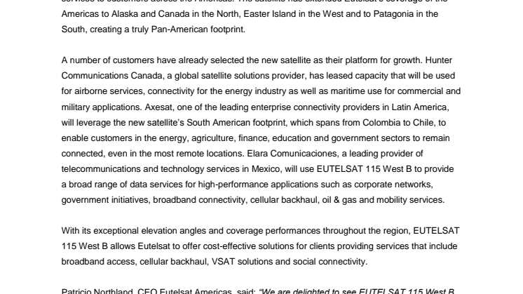 EUTELSAT 115 West B goes live 