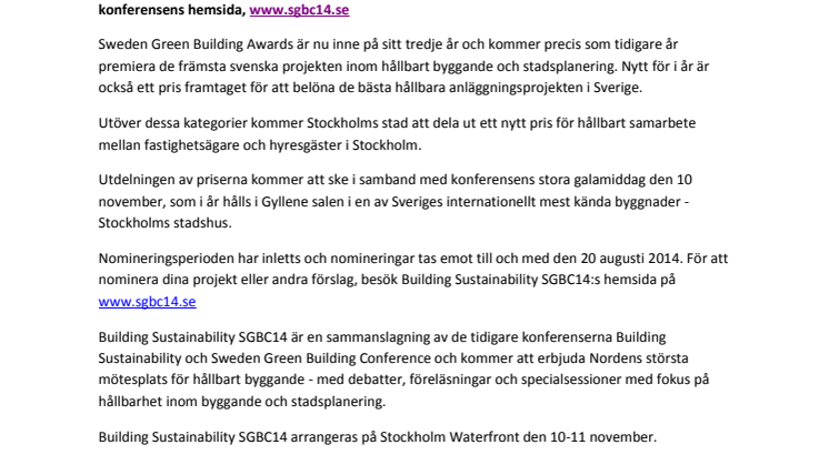 Sweden Green Building Awards öppnar för nomineringar för år 2014