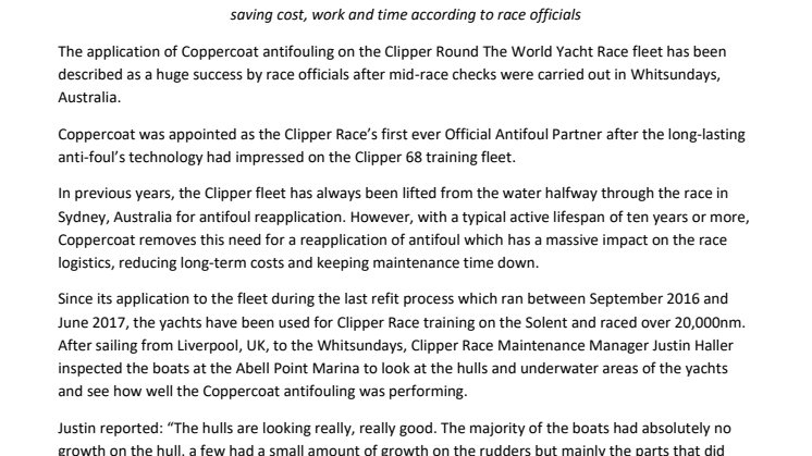 Coppercoat Partnership with Clipper Round The World Yacht Race Hailed a Success after Halfway Checks