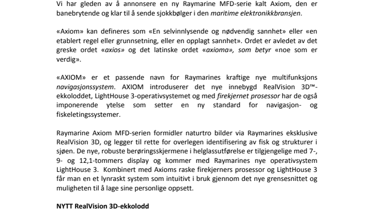 Raymarine: Lansering av multifunksjonsdisplayet Axiom™ med ekkoloddet RealVision 3D™ og operativsystemet Lighthouse 3