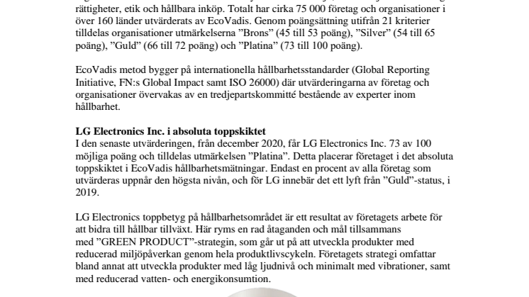 LG Electronics Inc. får högsta hållbarhetsbetyg av EcoVadis