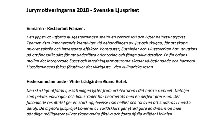 Jurymotiveringarna för årets Svenska Ljuspriset-vinnare och hedersomnämnanden