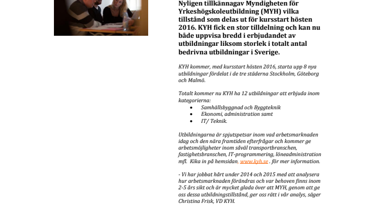 KYH expanderar stort med nya yrkeshögskoleutbildningar
